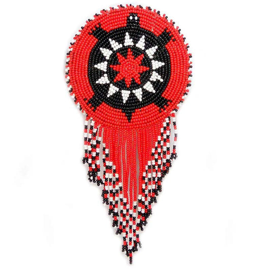 Beaded Barrette French Clip Red Turtle Medallion With Fringe