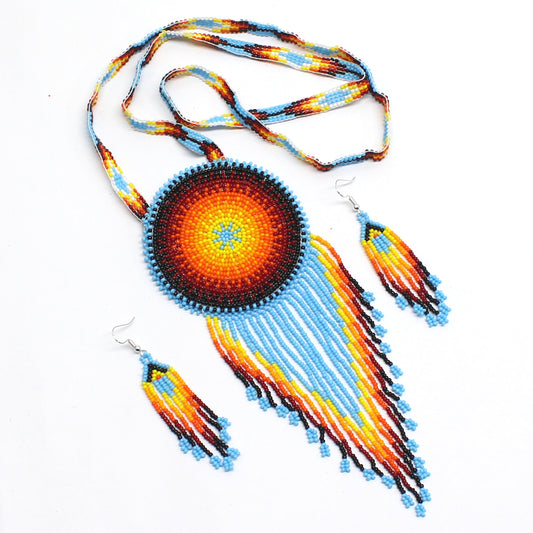 Handmade Beaded Necklace Earrings Set with 2-3 Inch Rosette Pendant - Cyan Blue Fire