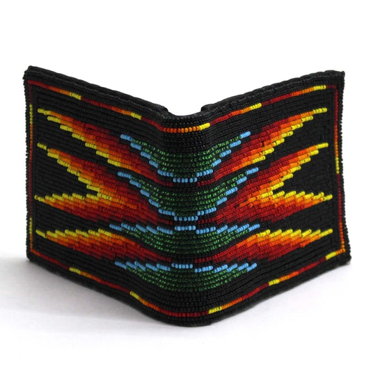 Handmade beaded Native American style genuine leather Men's bifold Wallet/purse - Black Blue Fire