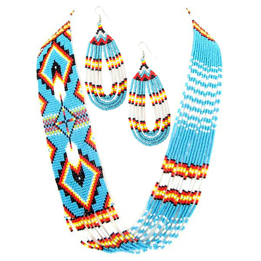 Handmade Beaded Turquoise Blue Feather Design Layered Set