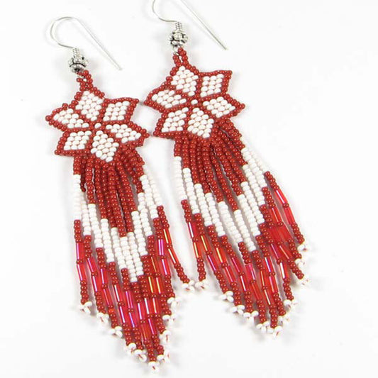 Handmade Beaded Red Seed Bead Flower Earrings