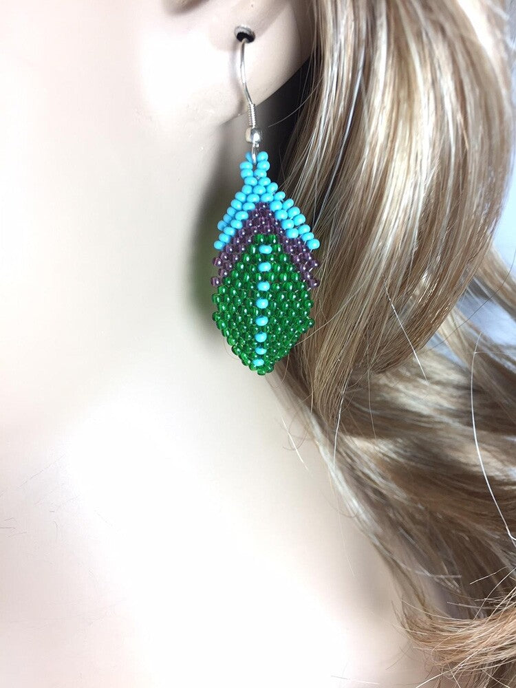 Handmade Beaded Green Seed Bead Small Earrings
