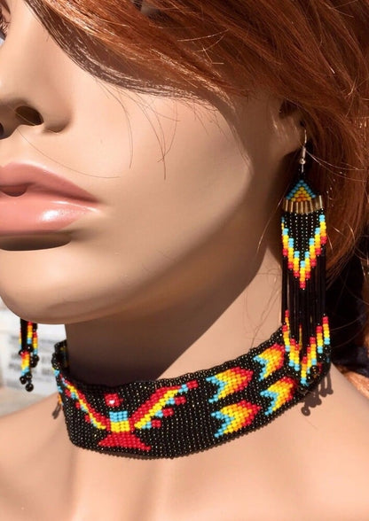 Handmade Native Inspired Black Multicolored Choker Necklace Earrings Set