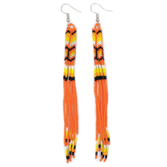 Handmade Beaded Earrings 5 Inch Long - Orange