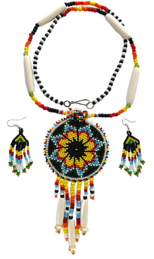 Black Yellow Seed Bead Long Star Medallion Handmade Necklace Earrings Set