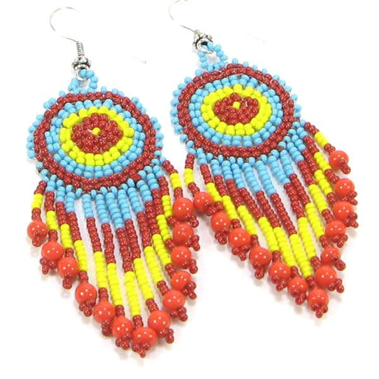 Handmade Beaded Multi Colored Medallion Seed Bead Big Earrings