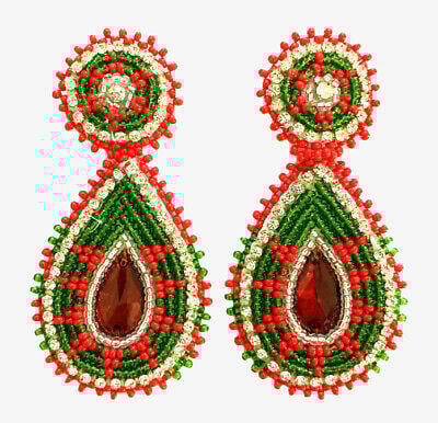 Handmade Beaded Teardrop Shape Post Earrings with Czech Seed Beads - 3 Inches Long, 1.5 Inch Wide - Red Green