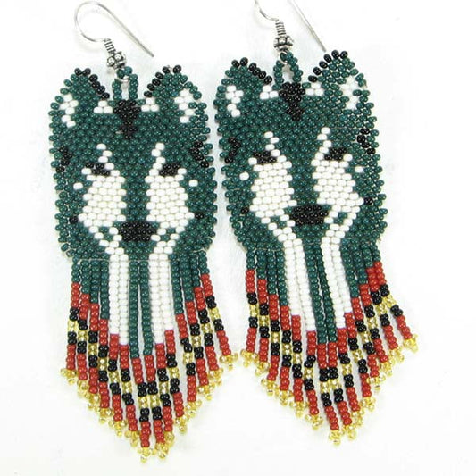 Handmade Beaded Green Wolf Seed Bead Big Earrings