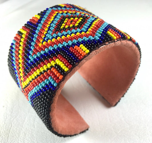 Multicolor Medicine Man's Eye Beadwork Men's Beaded Cuff Bracelet Leather