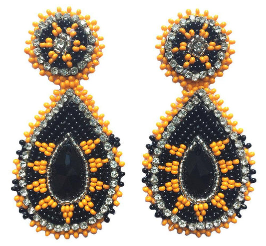 Handmade Beaded Teardrop Shape Post Earrings with Czech Seed Beads - 3 Inches Long, 1.5 Inch Wide - Yellow Black