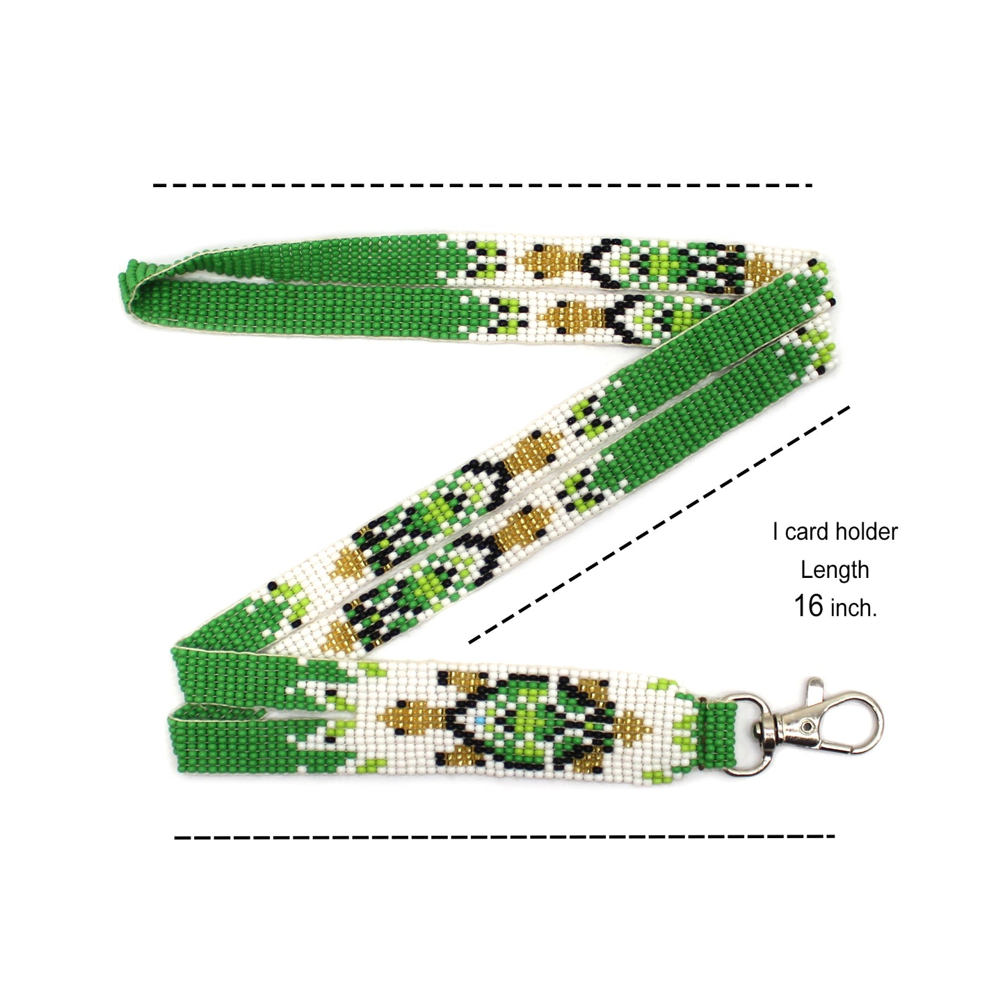 Handmade Beaded Turtle Pattern Green White Gold Lanyard - 33.5" Length