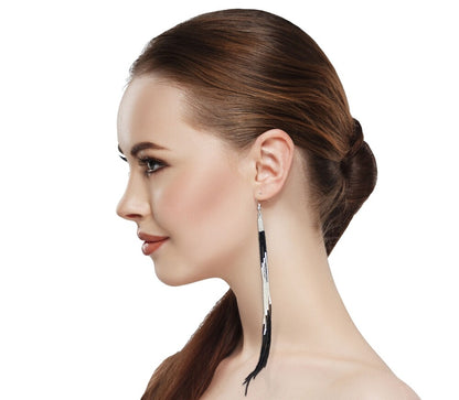Black Silver Extra Long 8 Inch Handmade Glass Beads Earrings