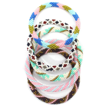 Handmade Pink Blue Cream Seed Beaded Crochet Bracelet