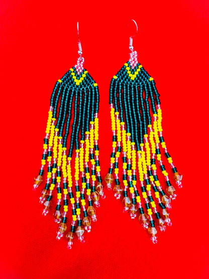 Handmade Beaded Aqua Blue Yellow Seed Bead Earrings, Lightweight Boho Statement Jewelry