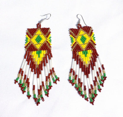 Brown Yellow Handmade Beaded Big Chandelier Earrings