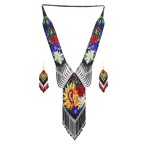Native Tribal Style Long Statement Beaded Necklace for Women Y Shape - Black Flower