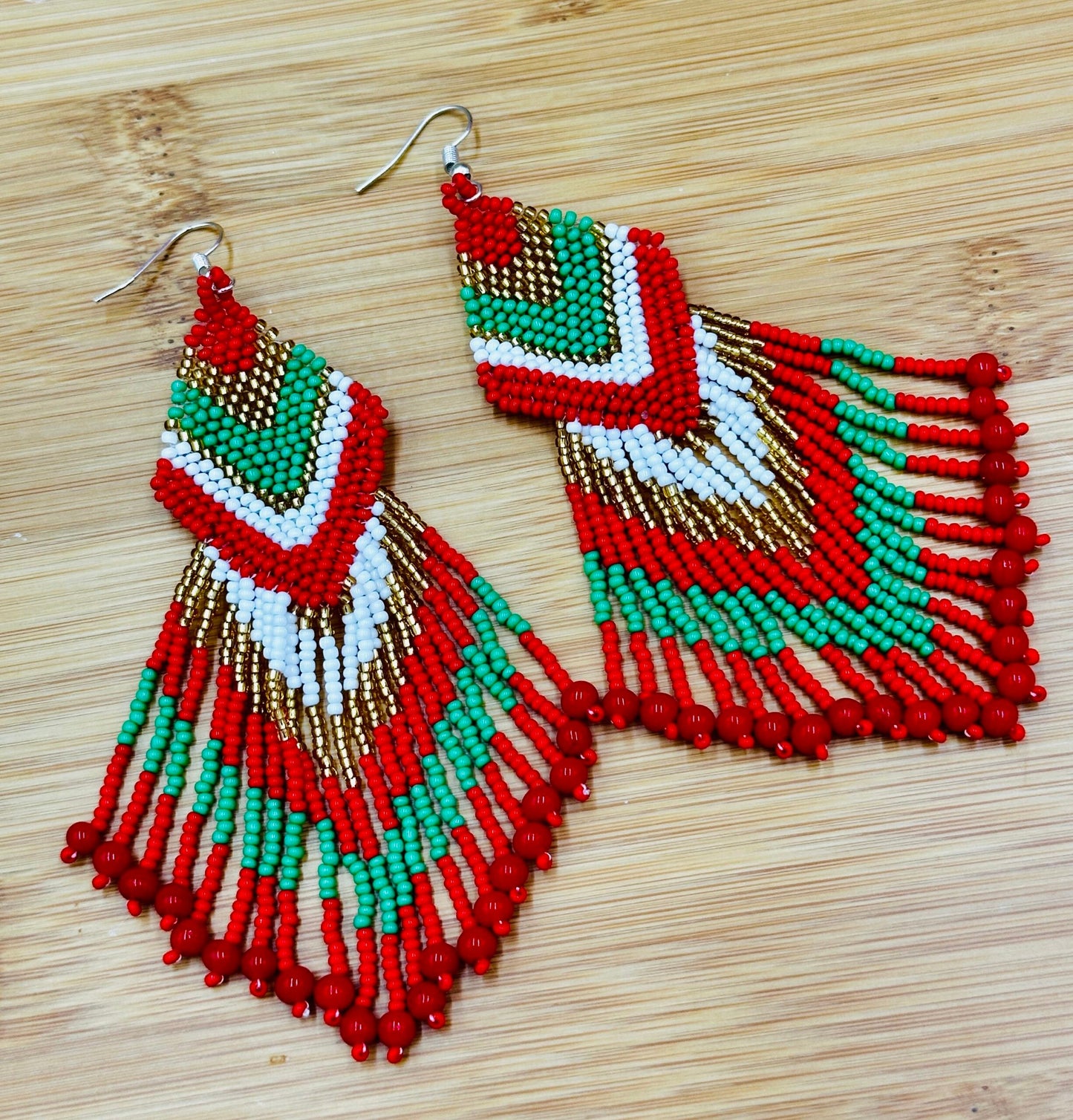Handmade beaded Red Green drop dangle earrings