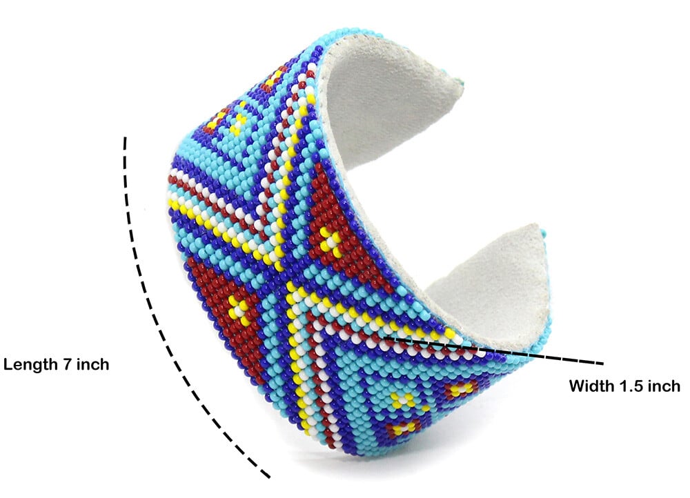 Handmade Beaded Geometric Pattern Cyan Blue Cuff Bracelet with Suede Backing - Bendable and Adjustable