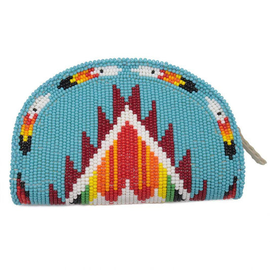 Hand Beaded Native American Inspired Ethnic Style Seed Bead Coin Purse - Cyan Red