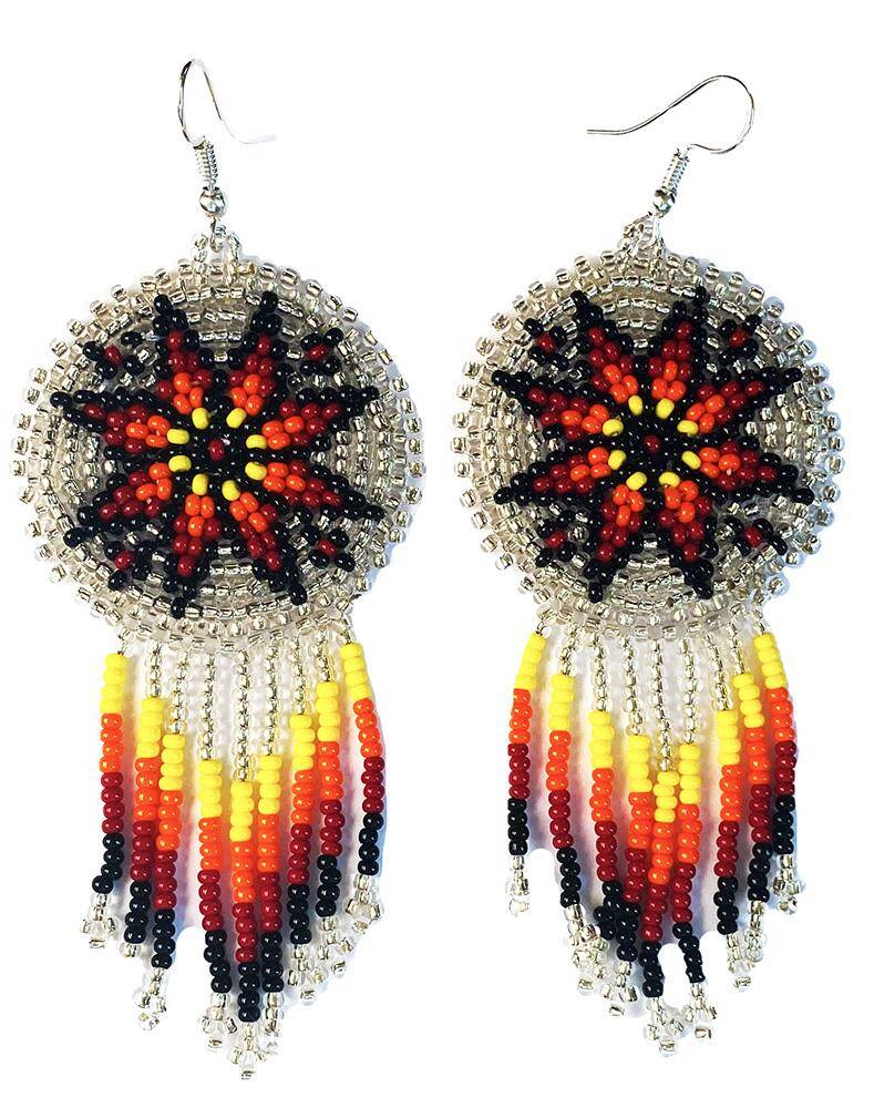 Handmade Beaded Silver Fire Color Round Fringe Hook Earrings
