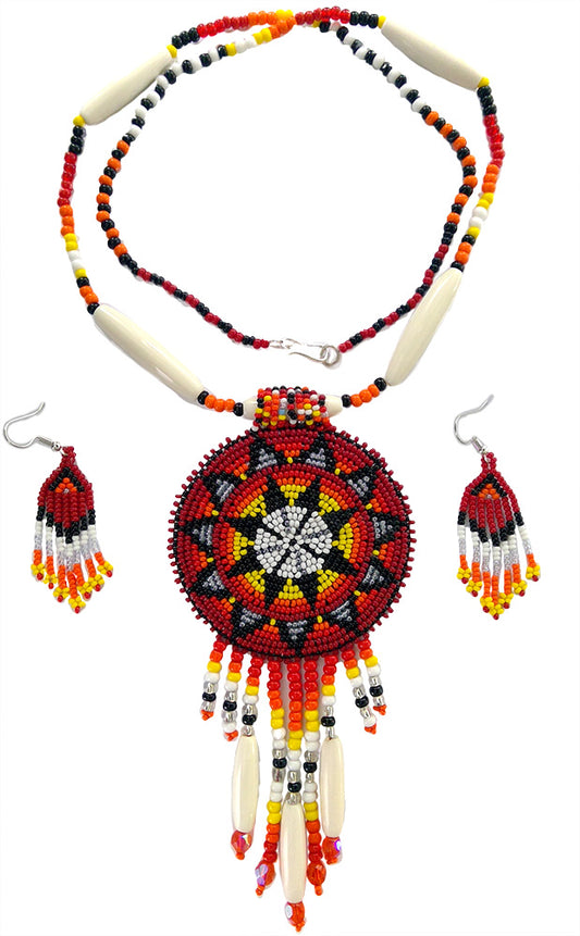 Red Seed Beads Long Medallion Star Fire Color Beaded Necklace Earrings Set