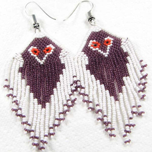 Purple &amp; White Bird Beaded Earrings