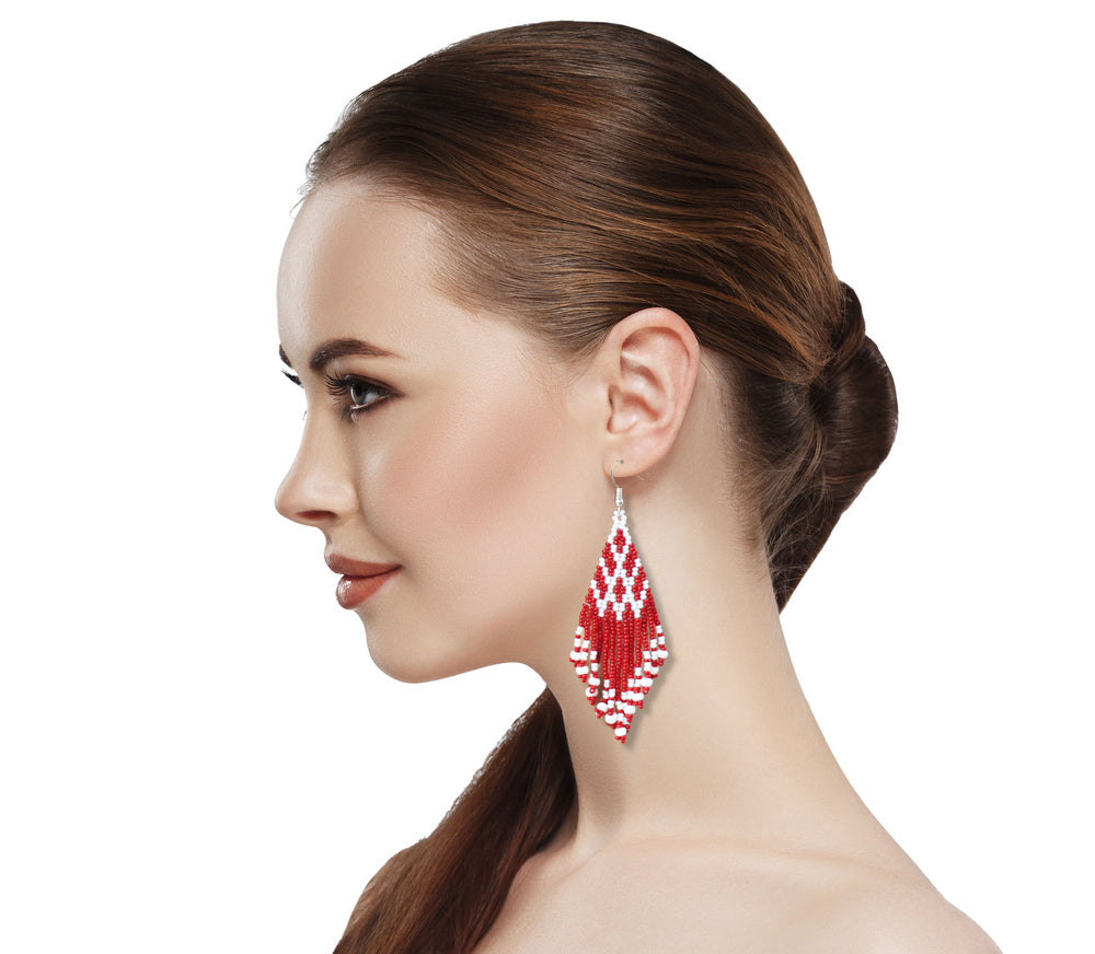 Handmade Beaded Maroon Chandelier Earrings 3.5 inch long