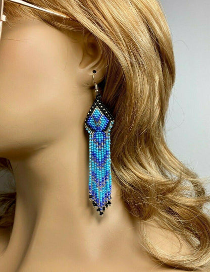 Native Style Ethnic Blue Black Seed Beaded Handmade Chandelier Earrings E61/11