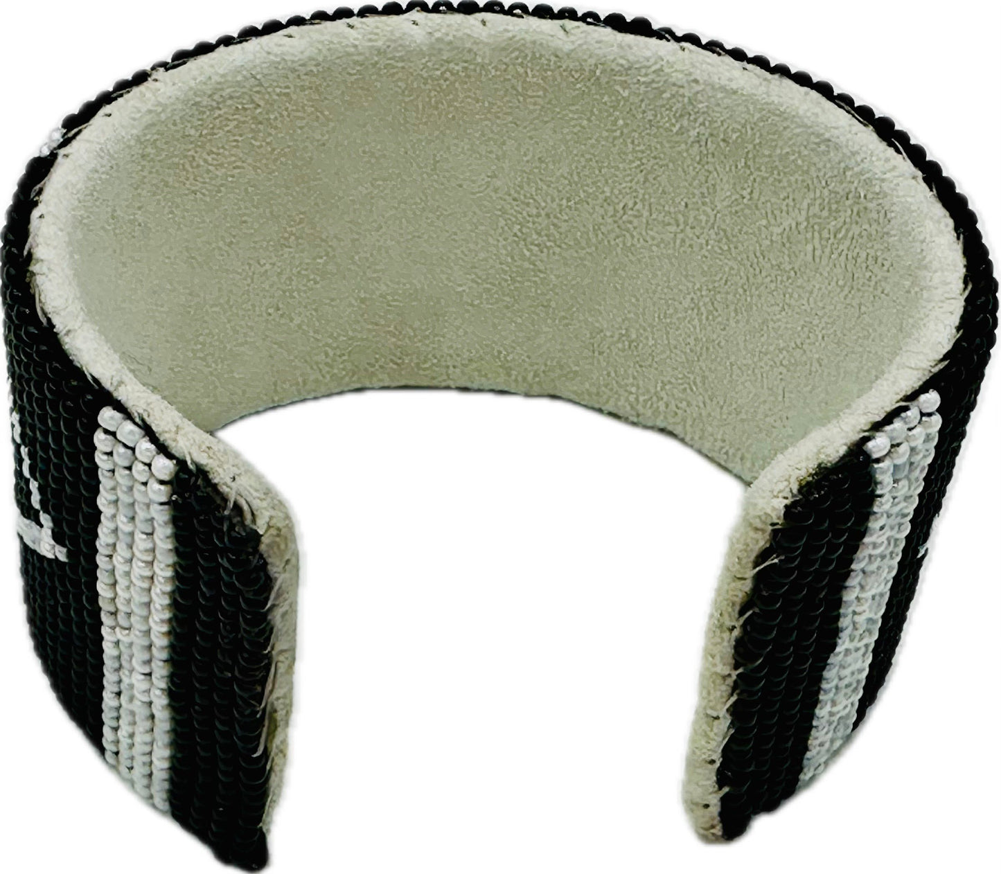 Handmade Beaded Black White Leather Hard Cuff Bracelet