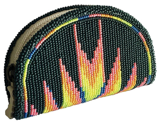 Hand Beaded Native American Inspired Ethnic Style Seed Bead Coin Purse - Black Fire