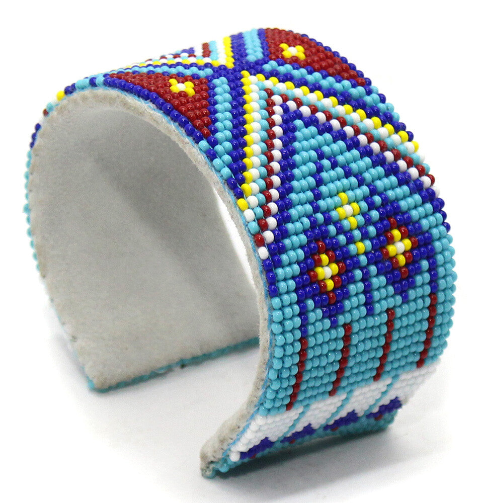 Handmade Beaded Geometric Pattern Cyan Blue Cuff Bracelet with Suede Backing - Bendable and Adjustable