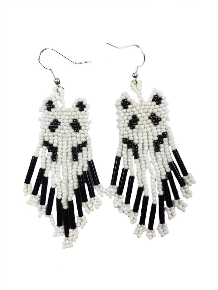 Handmade Beaded White Seed Bead Big Wolf Earrings