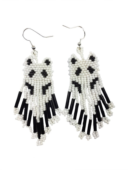 Handmade Beaded White Seed Bead Big Wolf Earrings