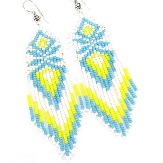 Handmade Beaded Turquoise Blue White Seed Bead Big Earrings