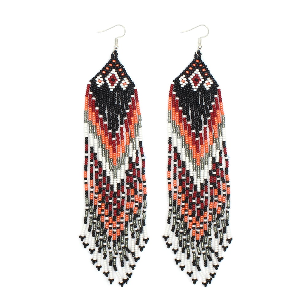 Handmade Beaded Native Style Black Red Peach Long Hook Earrings
