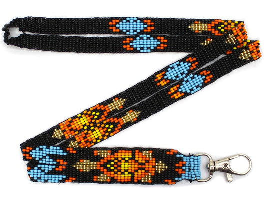Handmade Beaded Turtle Pattern Black Orange Gold Lanyard - 33.5 inch