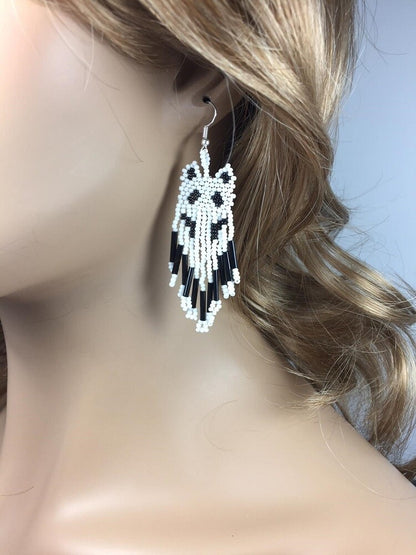 Handmade Beaded White Seed Bead Big Wolf Earrings