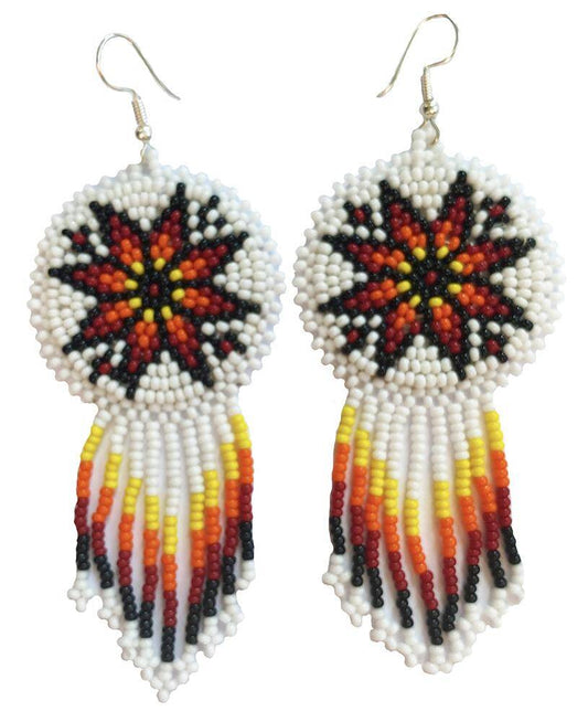 Handmade Beaded White Fire Color Round Fringe Hook Earrings