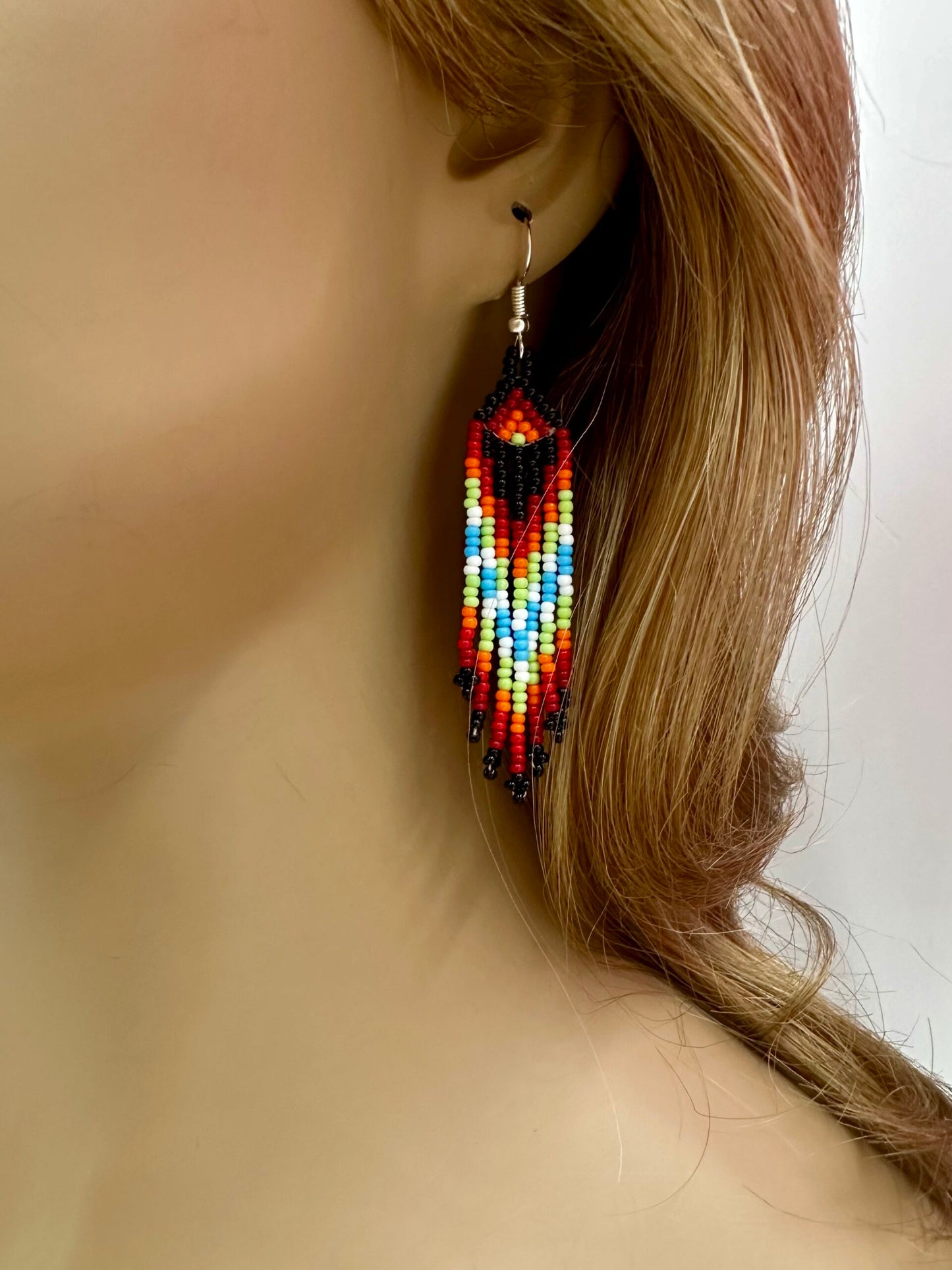 Handmade beaded Green Orange medallion necklace earrings set