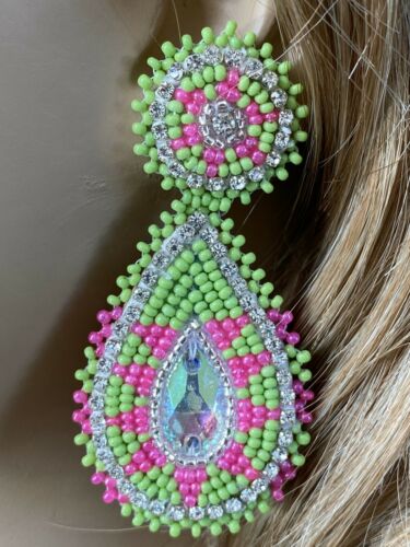 Handcrafted beaded Green Pink teardrop ethnic post earrings