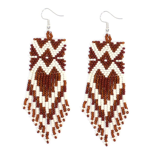 Brown White Handmade Beaded Earrings