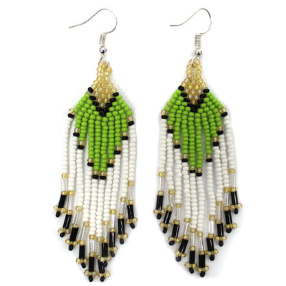 Vibrant Green & White Beaded Dangle Earrings