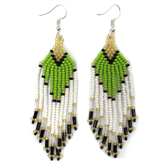 Vibrant Green & White Beaded Dangle Earrings