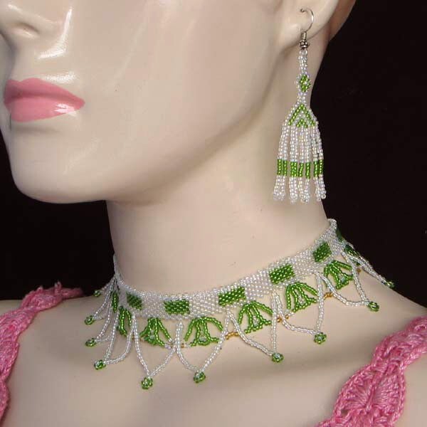 Handmade White Green Art Beaded Choker Necklace Earrings