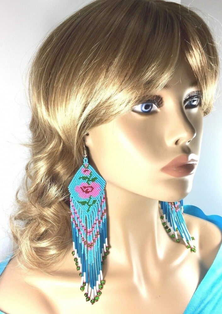 Handmade Glass Beaded Blue Pink Rose Design Extra Long Earrings
