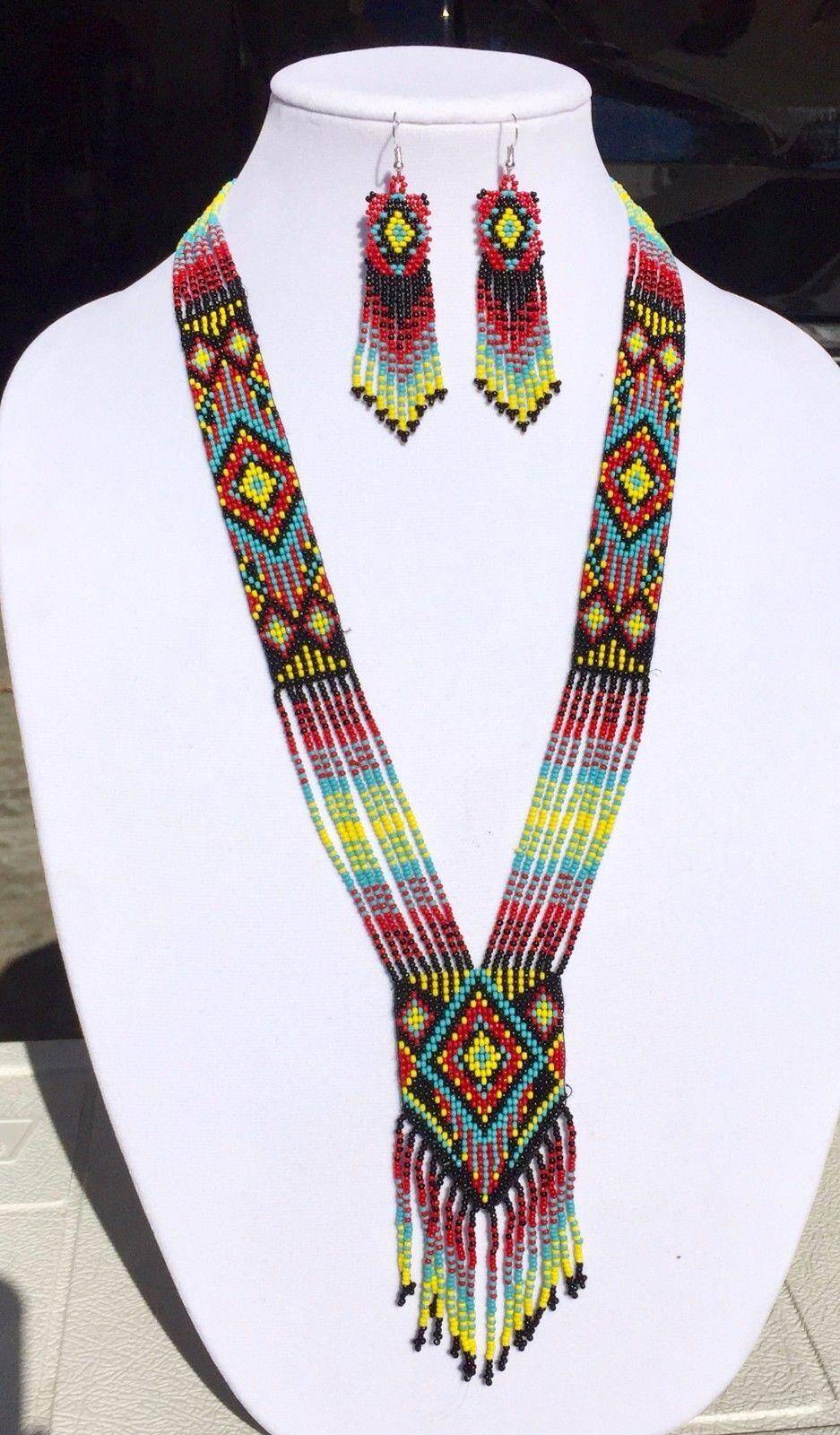 Handmade Ethnic Beaded Multicolored Native Inspired Necklace Earrings Set
