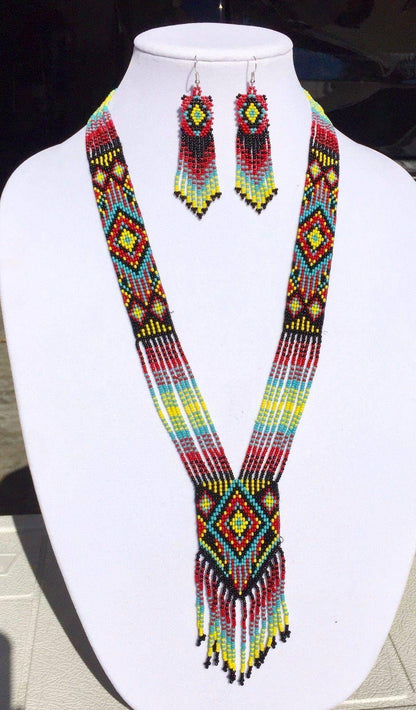 Handmade Ethnic Beaded Multicolored Native Inspired Necklace Earrings Set
