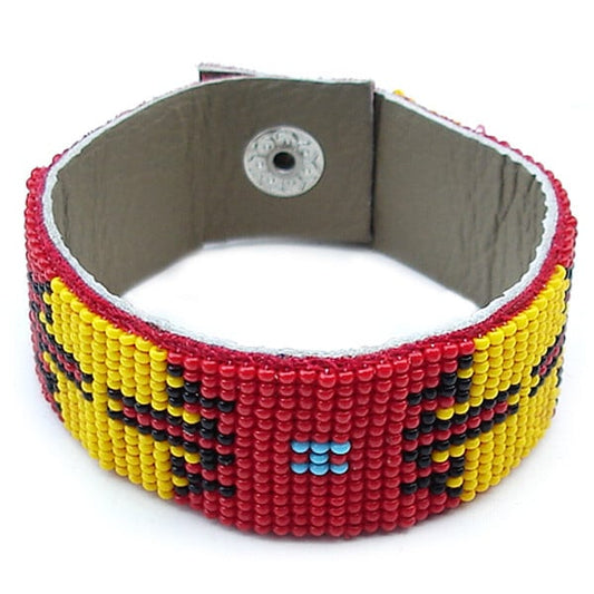 Adjustable Handmade Red Yellow Seed Soft Leather Cuff Bracelet - 7.5 inch Length, 0.9 inch Width