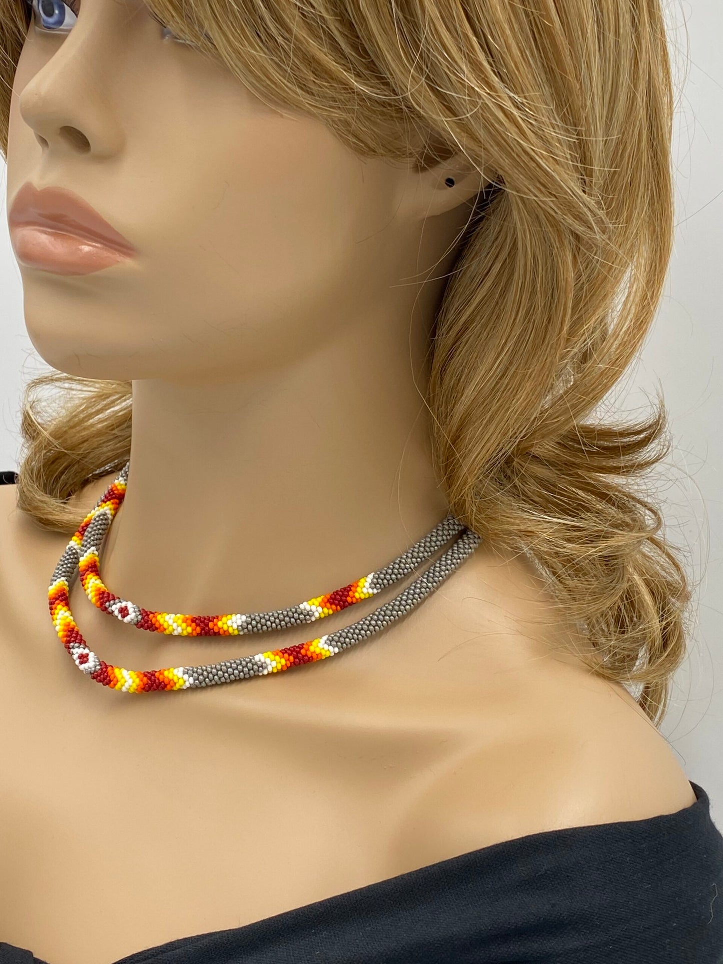 Native Style Beaded Double Strand Rope Necklace for Women Handmade (Gray)