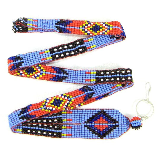 Handmade Loom beaded Blue Red Southwestern Design Lanyard Id Holder